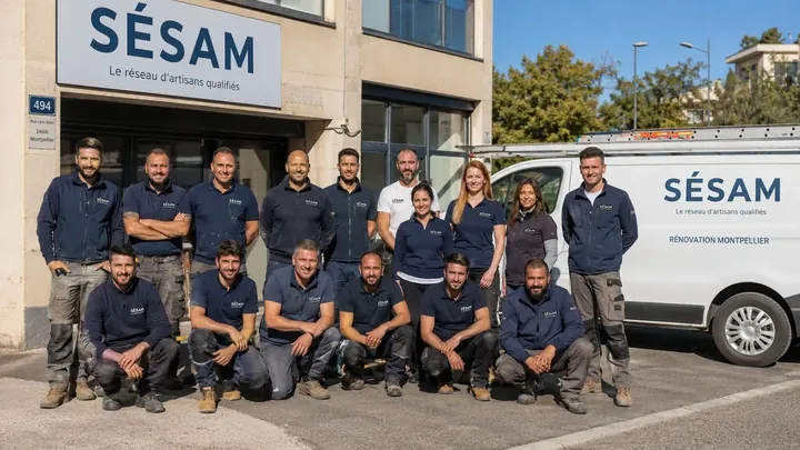 L'équipe Sésam Rénovation devant son local au 494 Rue Léon Blum à Montpellier, artisans tous corps d'état