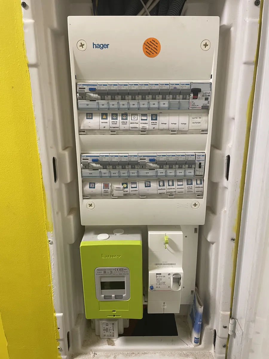 Tableau électrique refait à Montpellier : deux rangées de disjoncteurs repérés circuit par circuit, compteur et disjoncteur de branchement